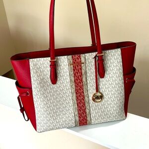 Michael Kors Large Red Leather Tote with Bag Charm Cream and Gold Accents